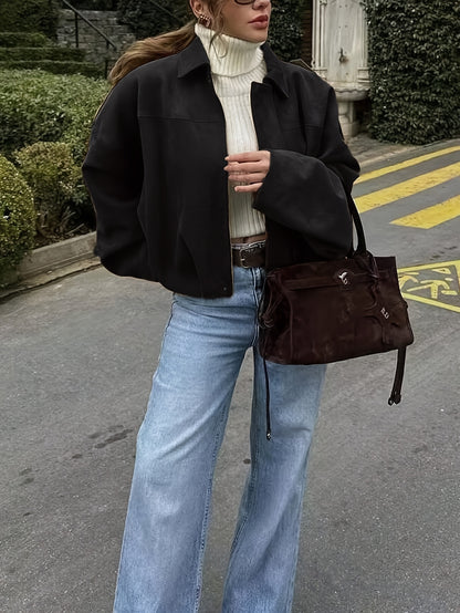 Կանացի վինտաժային բոմբեր բաճկոն - ազատ չափի երկար թևքով, կայծակաճարմանդով և իջեցված ուսերով, շագանակագույն առօրյա վերնազգեստ աշուն/ձմեռ համար, չձգվող գործվածք, իդեալական է առօրյա հագուստի համար, աշուն-ձմեռ բաճկոն | Վինտաժային բոմբեր ոճ | Zipp