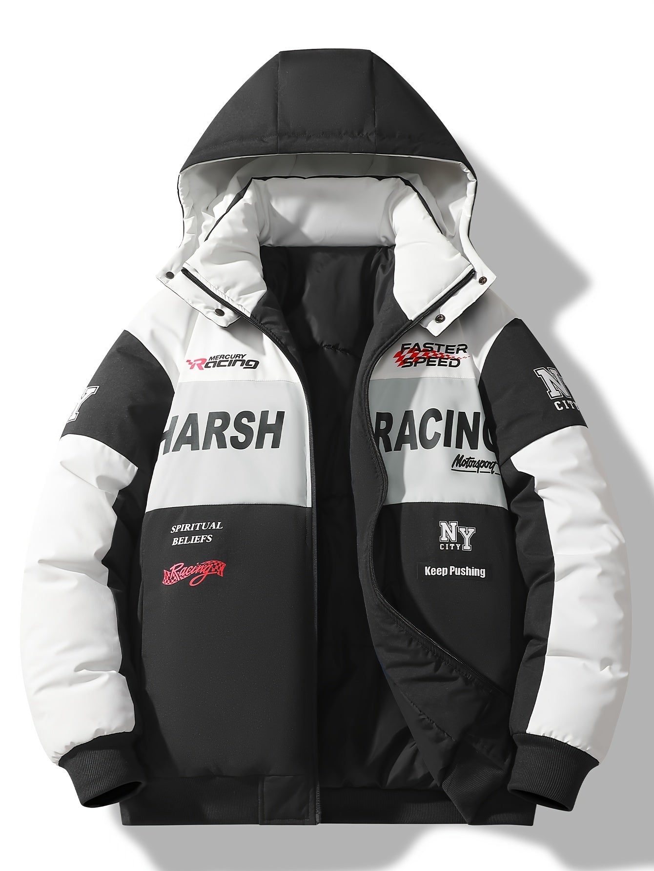 Men'S Casual Motorcycle Jacket, Warm Pilot Fashion Top 6023, 100% Polyester Hooded Collar with Alphabet Pattern, Long Sleeve Regular Fit, Non-Stretch Woven Fabric, Zipper Placket, with Pockets - 280gsm