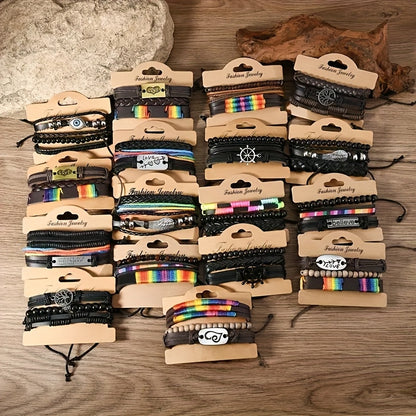 4/18/36 հատ վինտաժային նորաձևության արհեստական ​​կաշվե ապարանջան՝ արևմտյան փանկ ոճի ուլունքավոր ապարանջանով, ձեռագործ, ինքնուրույն պատրաստված պատահական ոճերով