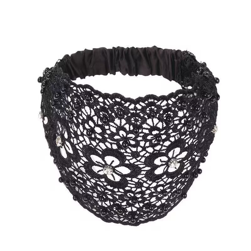 Boho Wide Lace Headband with Breathable Beaded Design