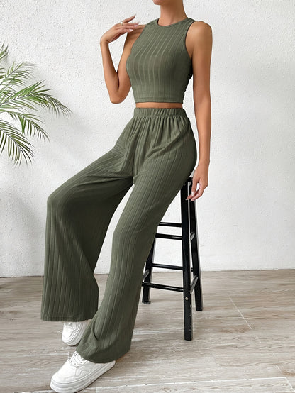 Solid Ribbed Elegant Pants Set, Crew Neck Sleeveless Slim Tank Top & Elastic Waist Wide Leg Pants Outfits, Women's Clothing