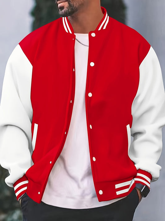 [Bold Design] Men's Stylish Black & White Varsity Jacket - Casual Baseball Coat with Pockets, Button-Up Front, Long Sleeve, Polyester Blend, Perfect for Fall & Winter, Casual Sportswear | Casual Fashion Jacket | Cotton Comfor