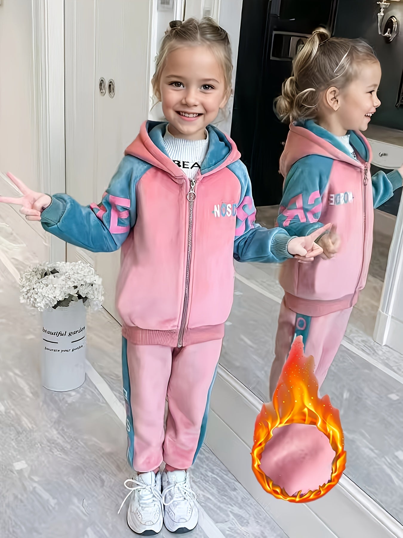 Girls' Thickened Fleece-Lined Hooded Zip-Up Jacket & Jogger Pants Set - Cozy Two-Piece Outfit with "NUS" Letter Print, Long Sleeves, and Drawstring Waist, for Outdoor, And Casual Wear, Winter Clothing, Playful Design, Soft Fa