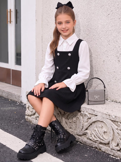 Girls A-Line Midi Dress with Ruffled Cuffs & Collared Shirt Style