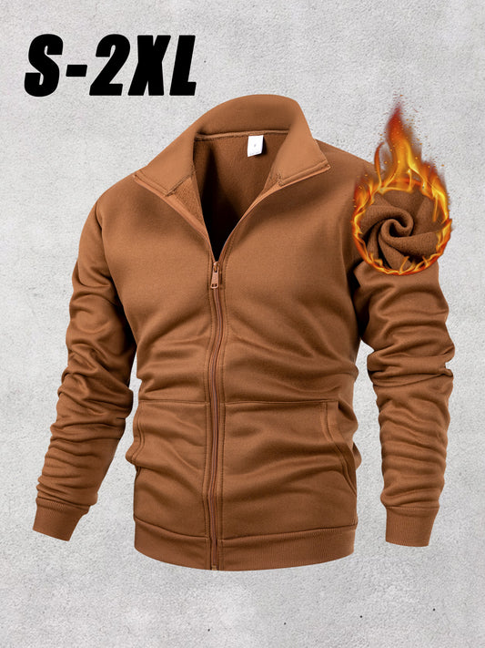 1pc Men'S Casual Stand Collar Fleece Jacket - Solid Color Zip-Up with Pockets, Warm & Stylish for Fall/Winter, Perfect for Commuting, Outdoor Activities, Work, and Casual Attire, Winter Jacket, Workwear, Minimalist Design, Du
