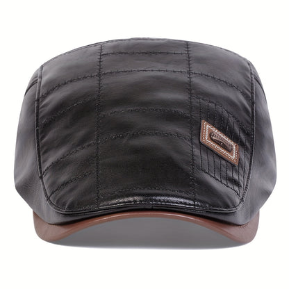 Retro Classic PU Leather Gentlemen Forward Hat, Adjustable Casual Beret For Autumn And Winter Travel