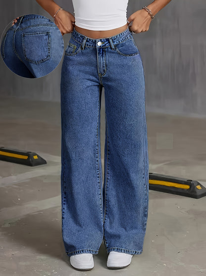 Women'S Plus Size High-Waisted Denim Jeans, Street Style Solid Color, Medium Stretch Washed Fabric, All-Season Oversized Casual Pants with Zipper Fly Closure, 59.8%, 38.4% Polyester, 1.8% Elastane, 264g/m²