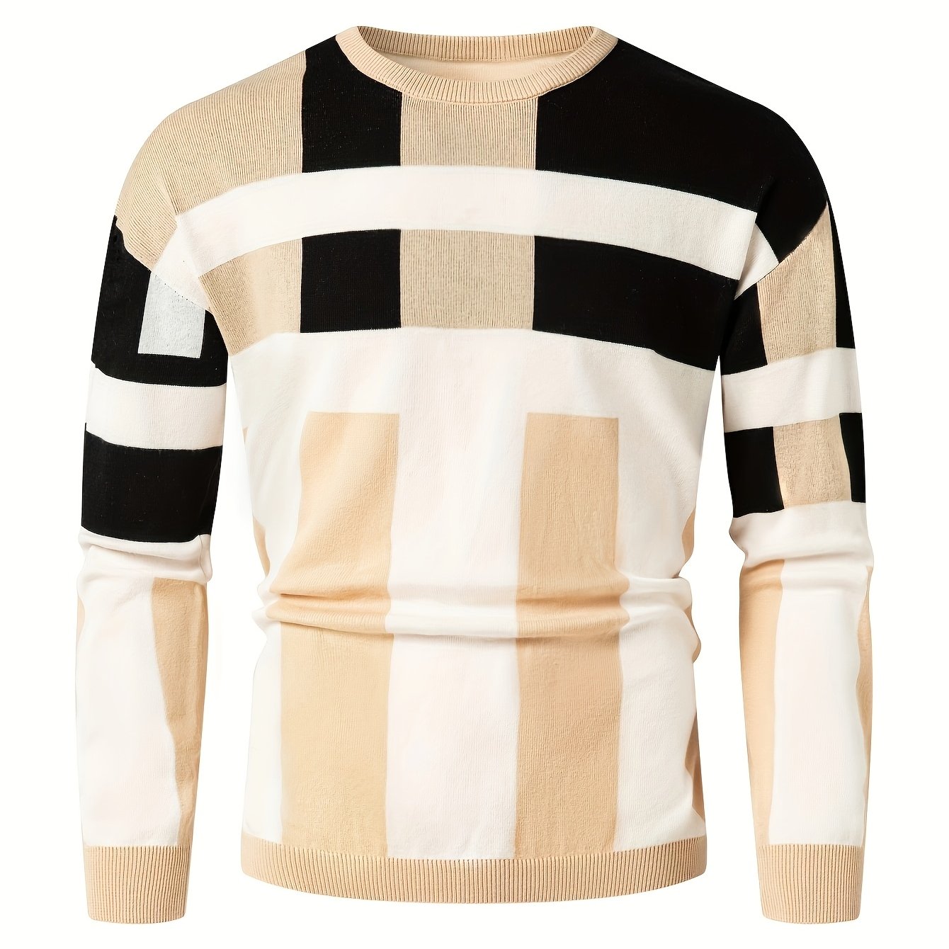 Men's Round Neck Casual Striped Warm Sweater Fashion Knit Pullover Top
