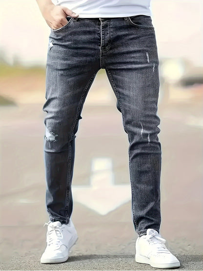 Men's Slim Fit Stretch Denim Jeans - Casual, Breathable & Machine Washable with Ripped Detail