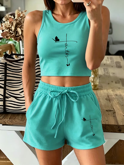 Women's Casual Two-Piece Set with Graphic Tee & Wide Leg Pants