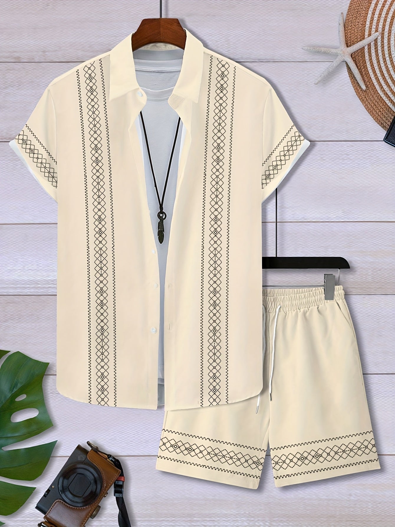 Men's Casual Geometric Pattern Short Sleeve Shirt & Shorts Set