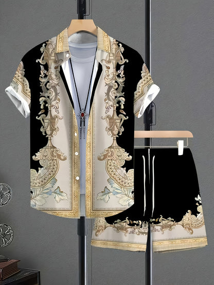 Men's Summer Green Baroque Print Short-Sleeve Shirt & Shorts Set