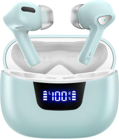 Wireless Earbuds Bluetooth V5.3 Headphones 50H Playback Deep Bass Stereo Ear Buds with LED Power Display Charging Case IPX7 Waterproof Earphones with Mic Headset for Laptop Pad Android/Ios Phones
