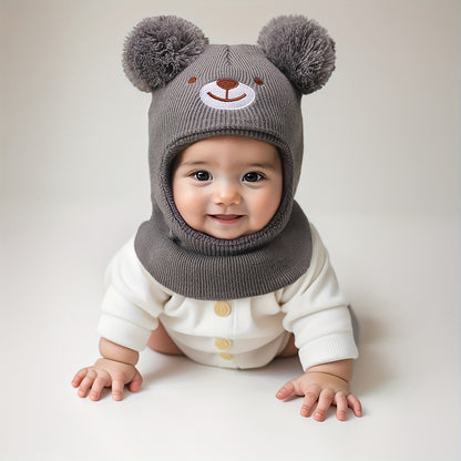 Toddler Bear Knit Balaclava Hat with Pom-Poms for Winter