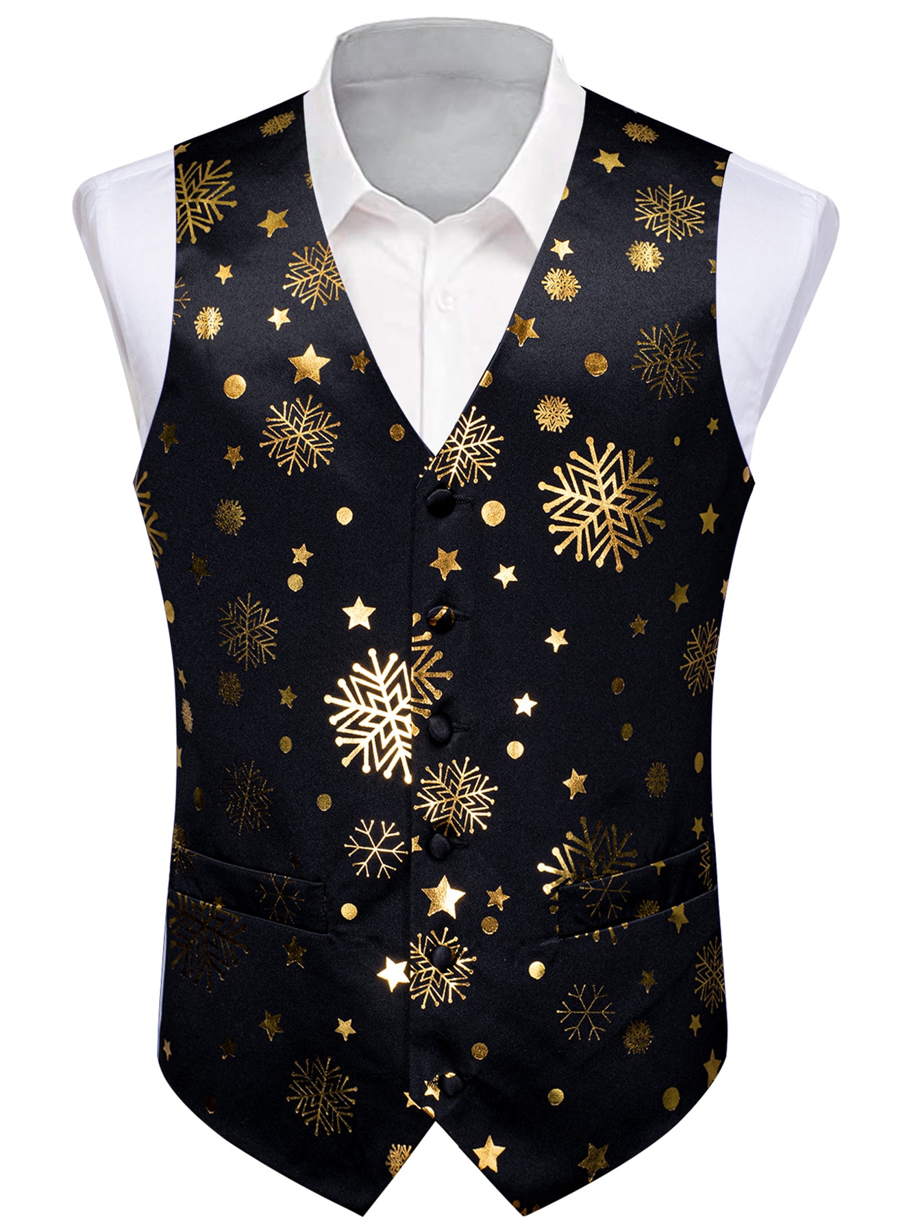 DOCAPEITON Men'S Christmas Vest - Formal & Casual Holiday Party Outfit with Button Front Closure, Non-Stretch Fabric - Green & Golden Snowflake, Tree, Firework Designs - Perfect for Xmas, New Year's, Weddings - Adult Men'S Fe