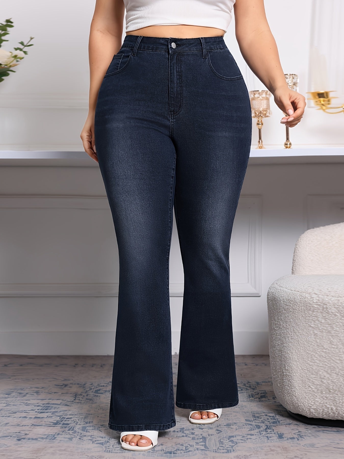 Plus Size Flare Leg Plain Washed Casual ոճի կայծակաճարմանդ կոճակով փակվող ջինսե տաբատ, կանացի ջինսե ջինսեր և հագուստ