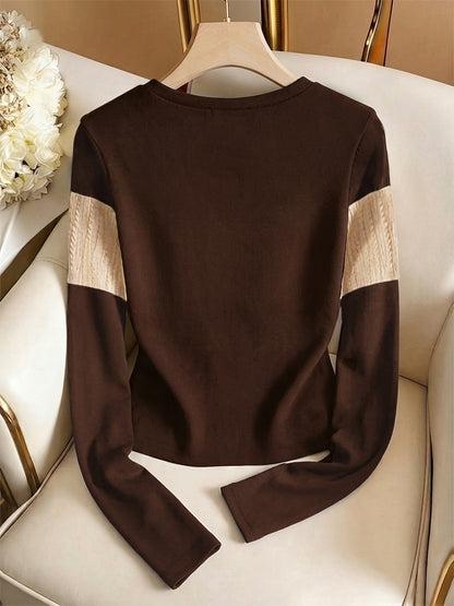 Women's Elegant Color-Block Long Sleeve Crew Neck Top