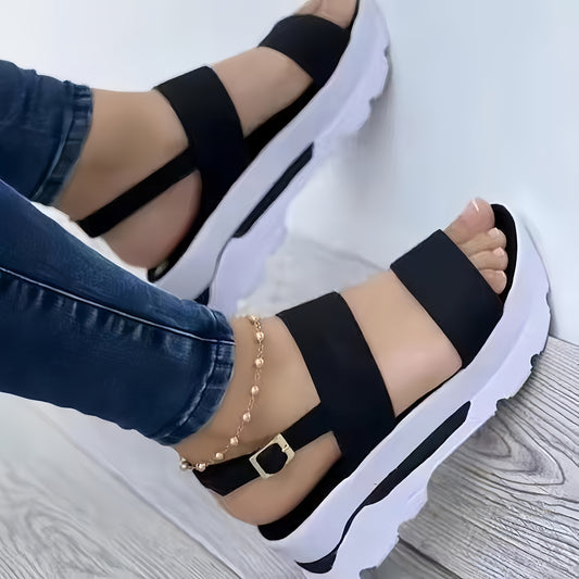 Women's Summer Plain Color Wedge Sandals, Casual Open-Toe Simple Thick Sole Beach Shoes with Comfortable Ankle Strap Wedges