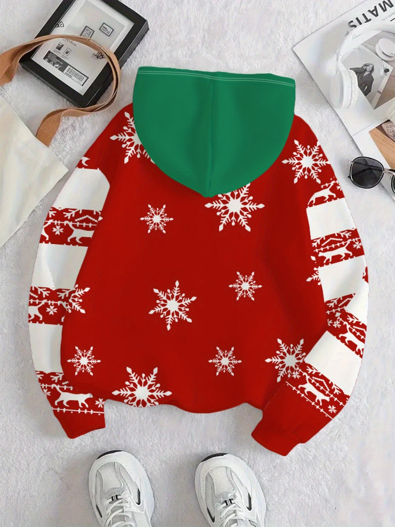 Women'S Christmas Hoodie - Red & White Holiday Sweater with Reindeer, Snowflakes - Cozy Winter Pullover for Christmas Party Outfit, Casual Casual Attire - Non-See-Through Fabric - Easy Care Hooded Sweater, Christmas Hoodie, F