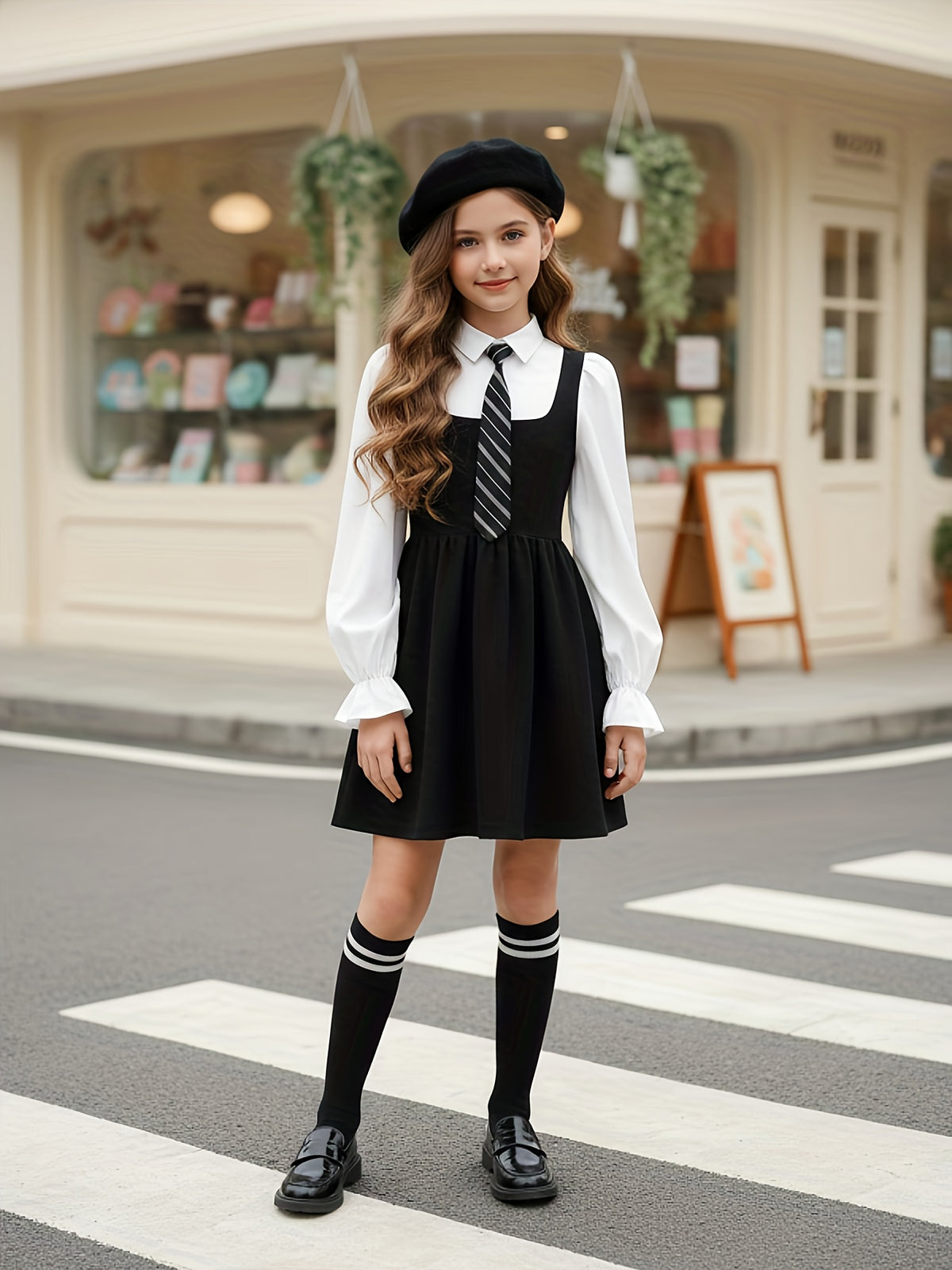 Girls' Elegant Long-Sleeve Midi Dress with Detachable Tie - ayq