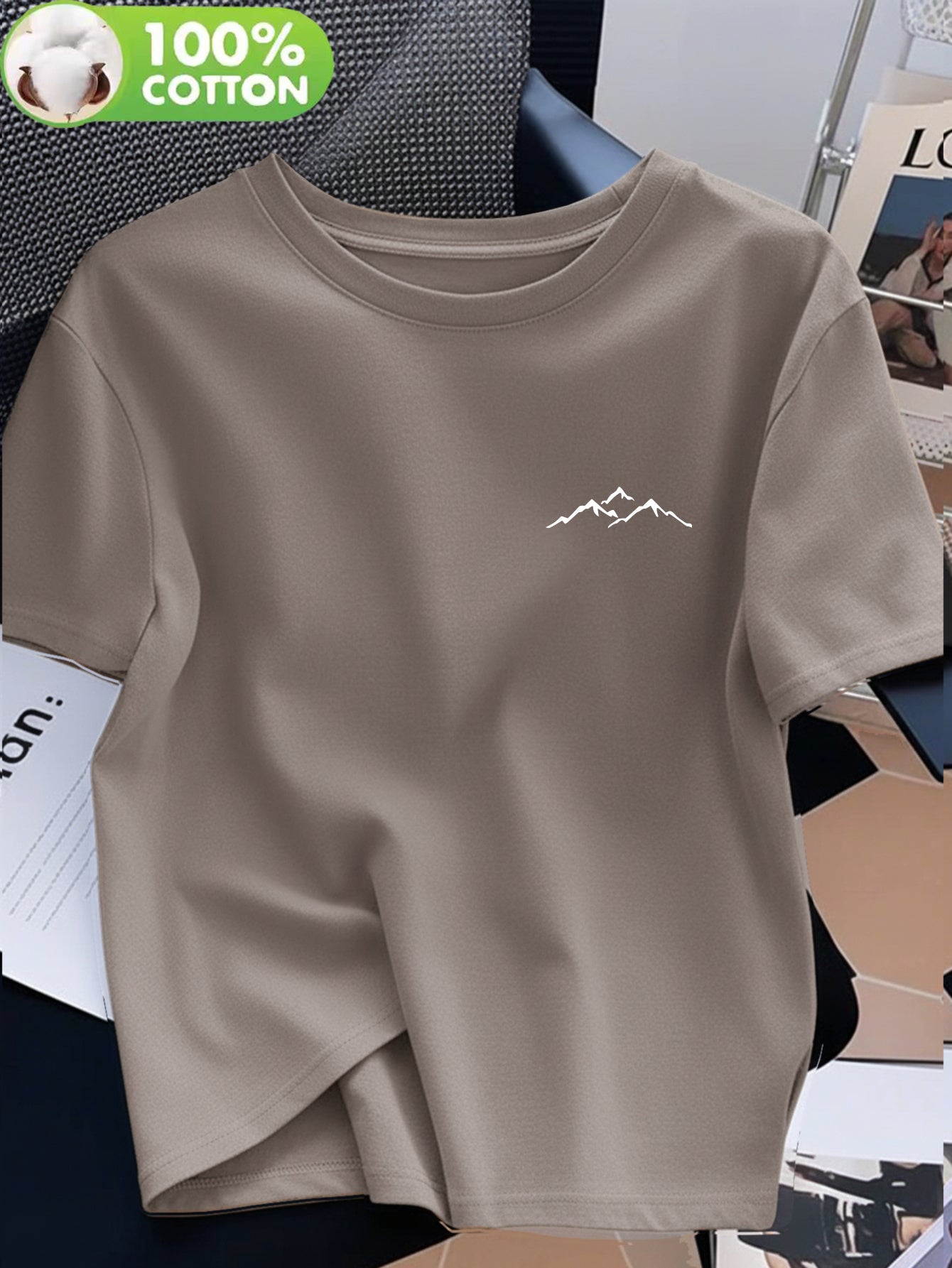 Women's 100% Cotton Crew Neck T-Shirt with Mountain Art Print