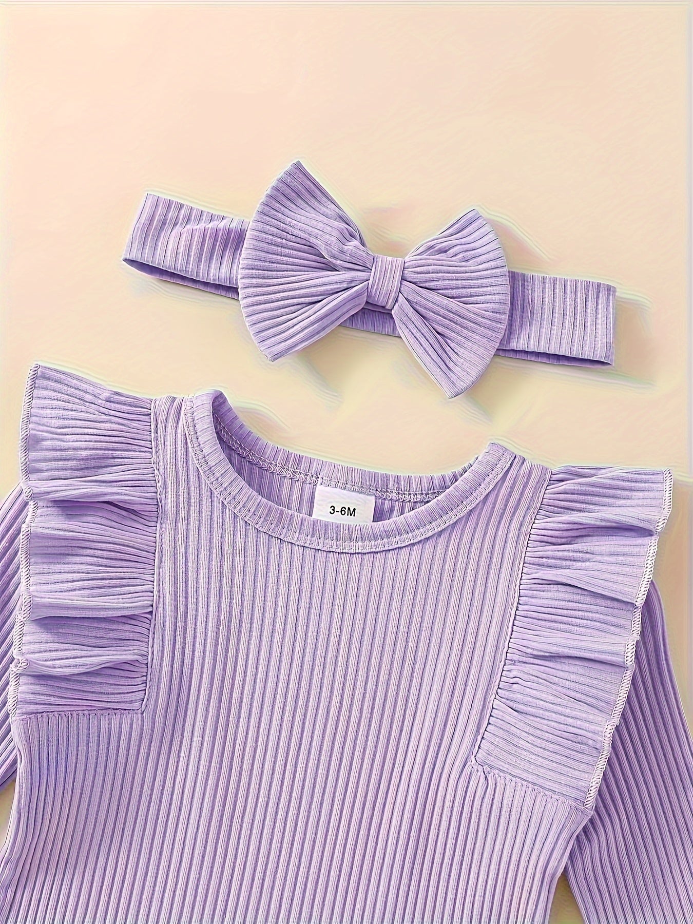 3pcs Baby Girl Outfit Set, Cute Ribbed Ruffle Long Sleeve Romper & Pants, 95% Cotton 5% Spandex, Crew Neck Pullovers, Solid Color, Regular Fit, No Belt, Fall/Winter Knit Fabric, 0-18 Months, for Outdoor