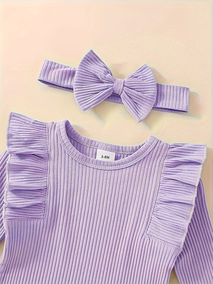 3pcs Baby Girl Outfit Set, Cute Ribbed Ruffle Long Sleeve Romper & Pants, 95% Cotton 5% Spandex, Crew Neck Pullovers, Solid Color, Regular Fit, No Belt, Fall/Winter Knit Fabric, 0-18 Months, for Outdoor
