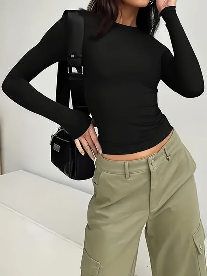 Women's Y2K Style Solid Color Crew Neck Long Sleeve T-Shirt, Polyester Knit Fabric, Skinny Fit, Short Length Pullover for Spring/Fall, Ladies T Shirts