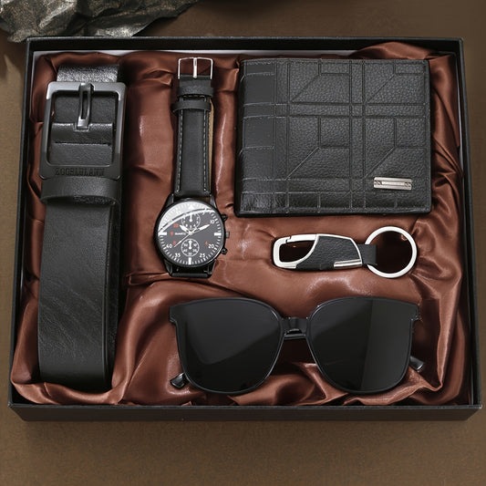 5 հատ տղամարդու քվարցային ժամացույցների հավաքածու, որը ներառում է նվերի տուփ, ժամացույց, գոտի, դրամապանակ, բանալիի շղթա և ակնոց, հիանալի է նվերի համար։
