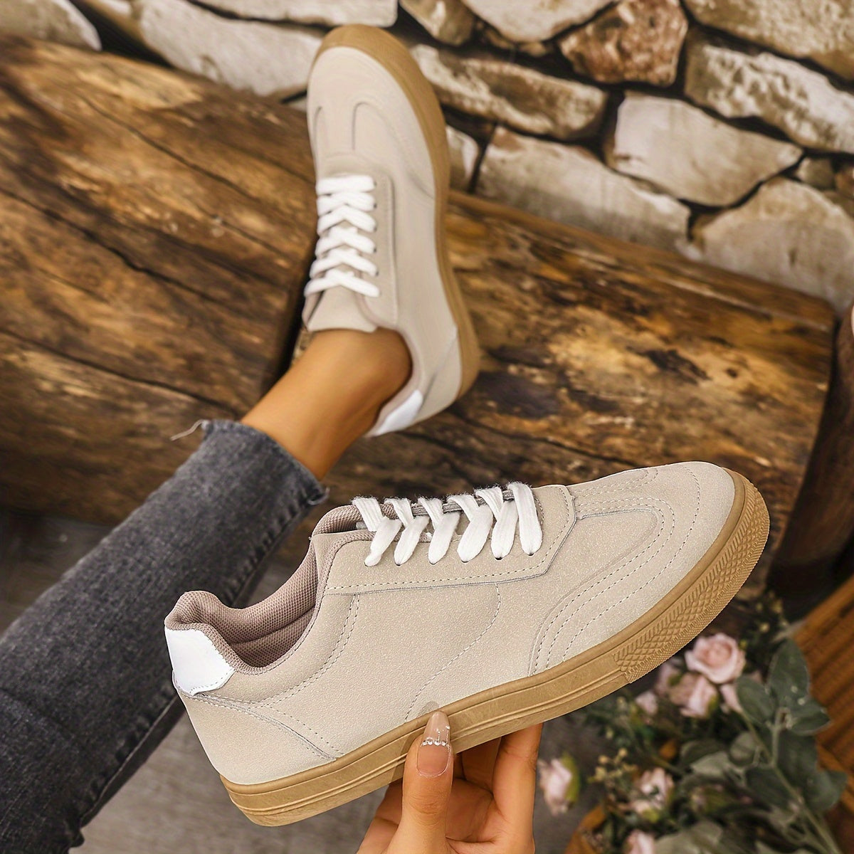 Women's Lightweight Casual Sneakers - All-Season, Lace-Up, Faux Cover Walking Shoes in Trendy Khaki