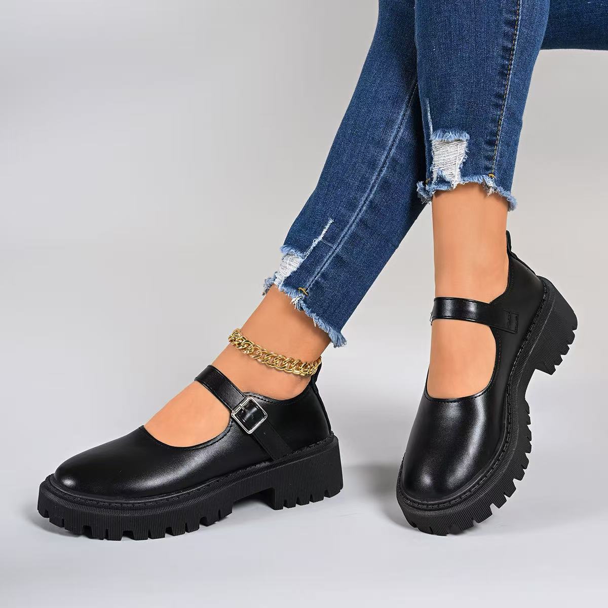 Women’s Preppy Mary Jane Flats with Buckle and Thick Sole