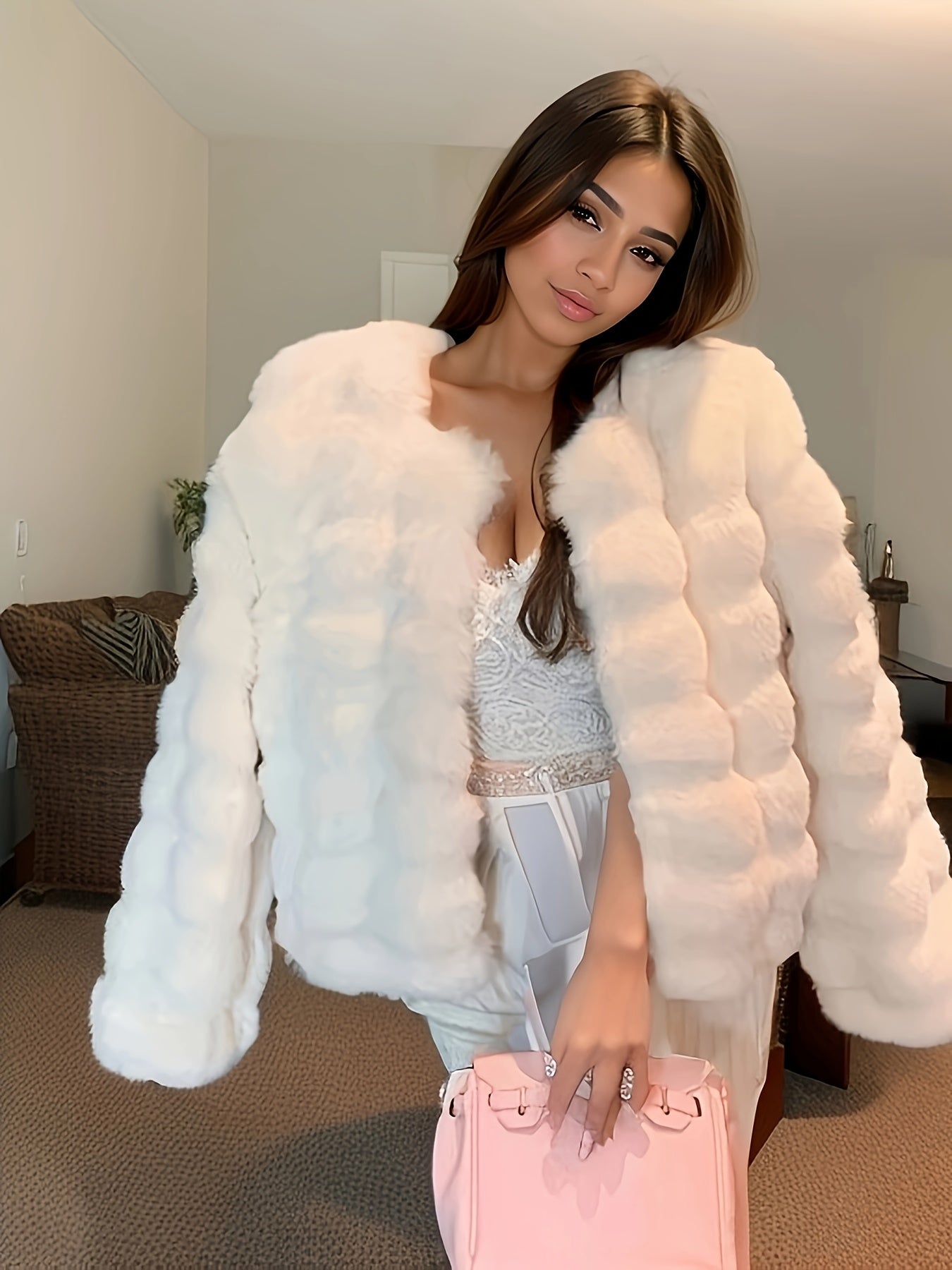 Women'S Elegant Faux Fur Jacket - Long Sleeve, Solid Color, Zip-Up with Pockets, Perfect for Fall/Winter, Cozy & Stylish Outerwear, Cozy Fall Jacket | Zipup Jacket | Structured Design