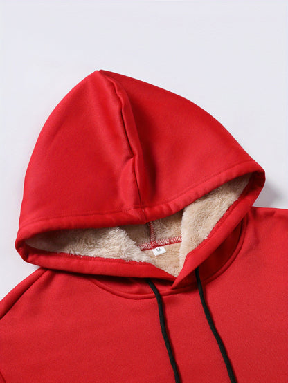 Men's Red Hooded Christmas Sweater with White Fur-like Collar & Golden Trim - Long Sleeve Loose Fit Casual Pullover, Machine Washable Winter Warmth for Holiday Parties, New Year's Eve & Winter Events - Festive Sweater for Men