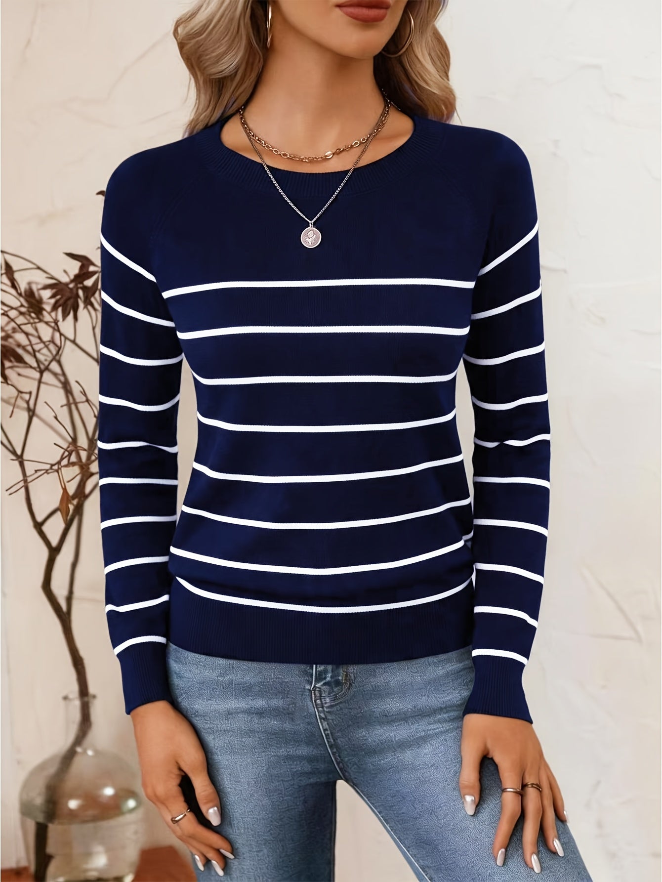 Women's Casual Striped Round Neck Pullover Sweater