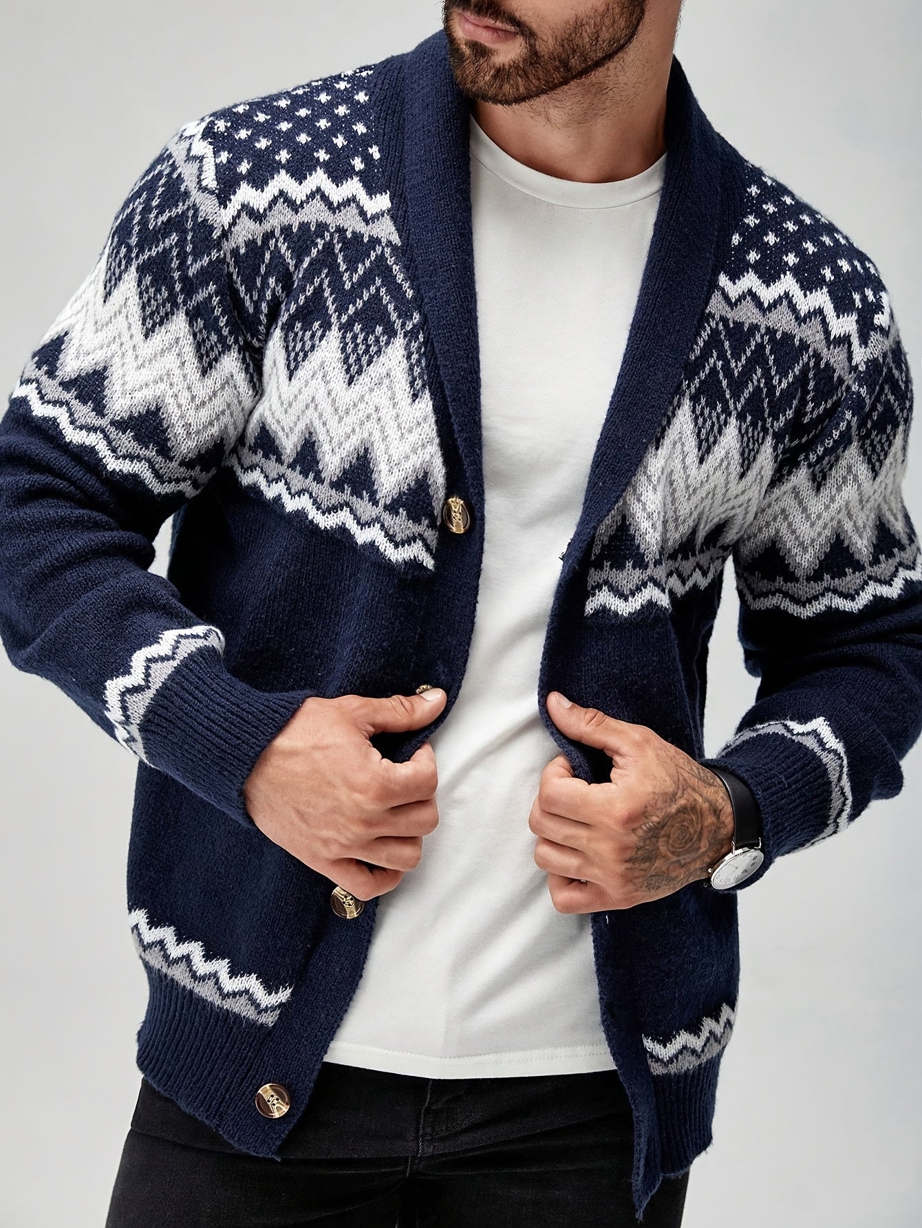 Men's Casual Geometric Pattern Cardigan Sweater - Navy Blue with White and Black Accents, Button-Up Collar, Machine Washable, Polyester for Fall/Winter