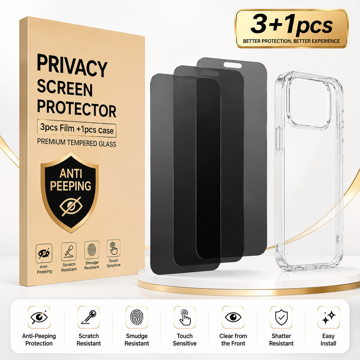 4pcs Tempered Glass Privacy Screen Protectors & TPU Case for iPhone
