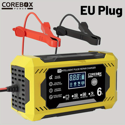 COREBOX EU Plug 12V 6A Smart Battery Trickle Charger 12V Battery Maintainer Battery Charger with LCD Display for Car Truck Motorcycle Lawn Mower Marine Lead Acid Charge, Without Battery