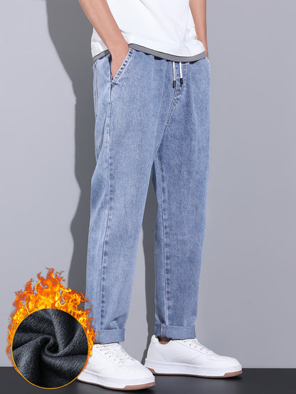 Men's Winter Fleece-Lined Jeans - Casual Straight Leg with Elastic Drawstring Waist, Warm & Stylish Streetwear Denim Pants