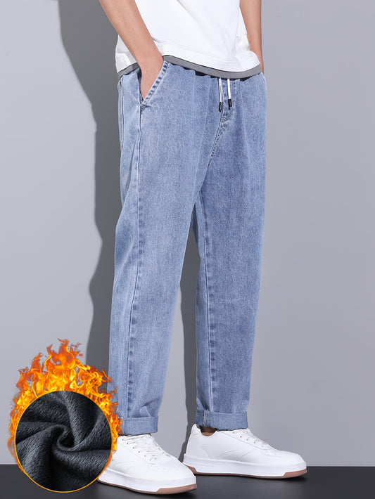 Men's Winter Fleece-Lined Jeans - Casual Straight Leg with Elastic Drawstring Waist, Warm & Stylish Streetwear Denim Pants