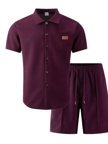 Men's 3-Piece Casual Waffle Knit Summer Set with Shirt & Shorts