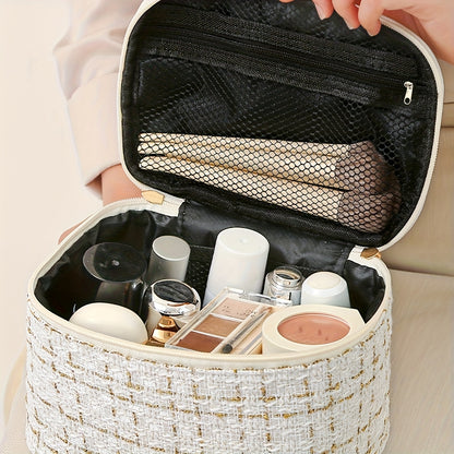 Beige Plaid Large-Capacity Travel Toiletry Bag for Women