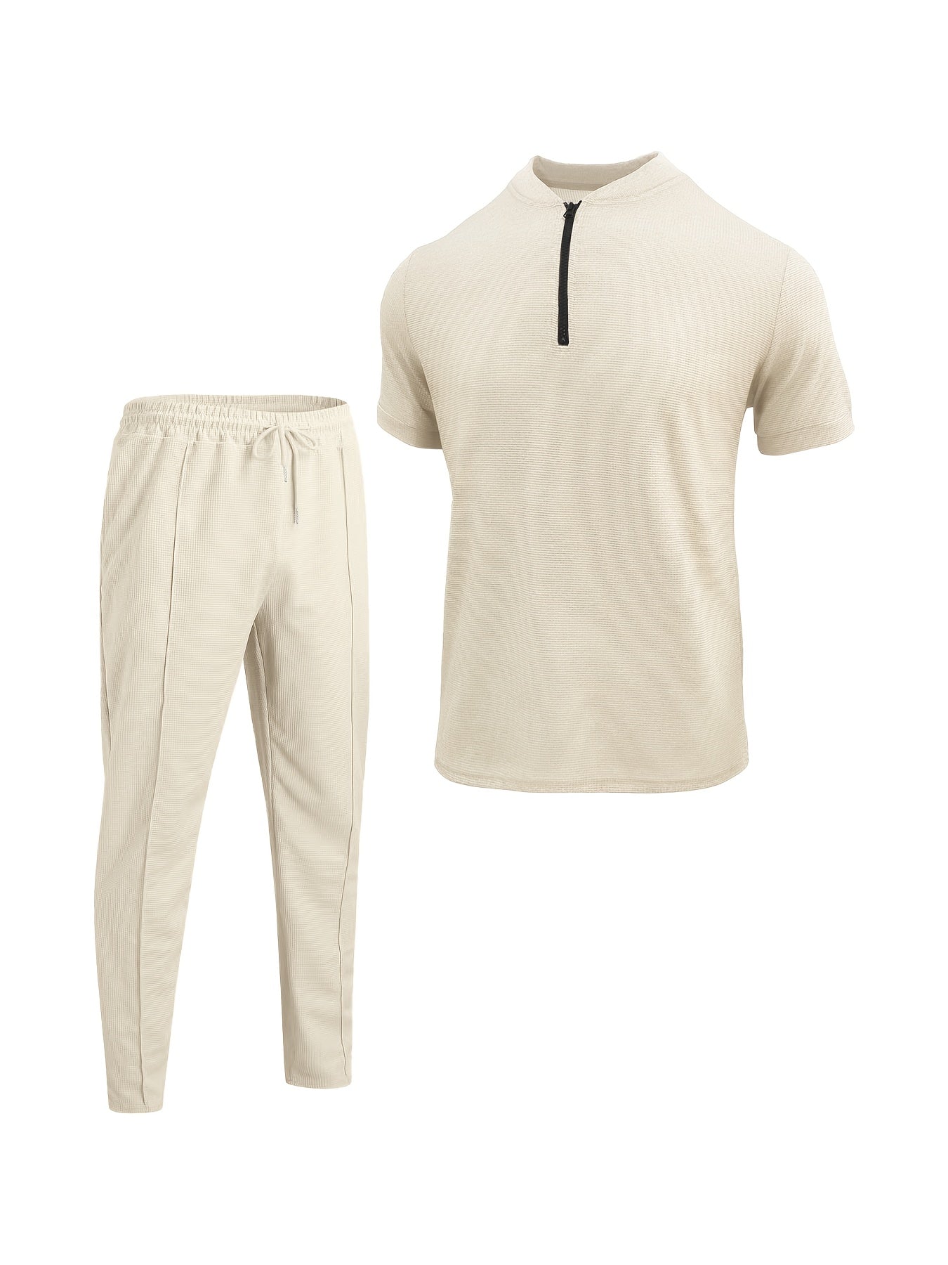 Men's Waffle Knit Zipper Shirt, Rib Collar Short Sleeve T-Shirt, Casual Breathable Summer Top - ayq