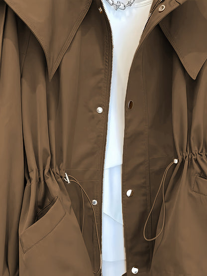 Կանացի միագույն պոլիեսթերային վերարկու՝ լարով գոտկատեղի, օձիքի և կրծքավանդակի գրպաններով - Գարնանային և աշնանային նորաձևություն, հարմարավետ, չձգվող գործվածք, ամենօրյա վերնազգեստ | Դասական երկար թևքեր | Չձգվող նյութ