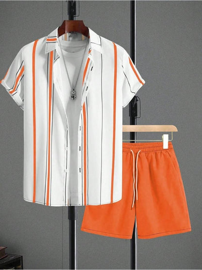 Men's Casual Summer Set - Striped Short-Sleeve Shirt & Shorts