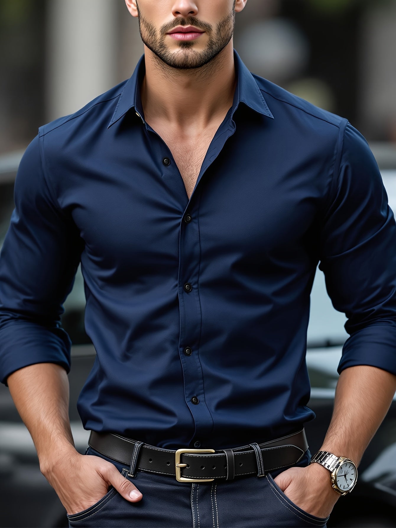 Men's Solid Color Slim Fit Shirt with Lapel Collar for All Seasons