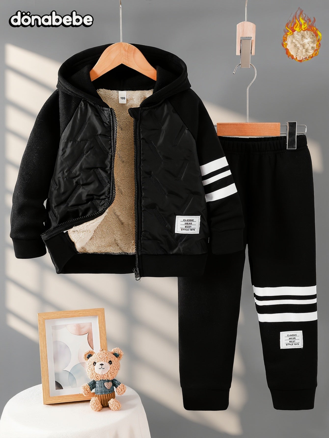Boys' Autumn/Winter New Jacket with Striped Print, Letter Patch, Zipper Hooded Thickened Warm Coat and Casual Comfortable Everyday Versatile Sweatpants 2pcs Set, Perfect for Outdoor