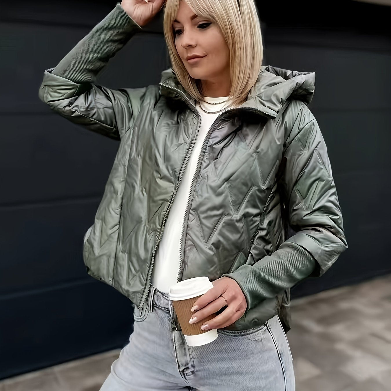 Կանացի թեթև, երկարաթև, գլխարկով և կայծակաճարմանդով բաճկոն - ամենօրյա, միագույն, տաք և նորաձև աշուն/ձմեռ, իդեալական է ամենօրյա հագուստի համար, ամենօրյա ձմեռային հագուստի համար | Գլխարկով և կայծակաճարմանդով բաճկոն | Կայծակաճարմանդով բաճկոն