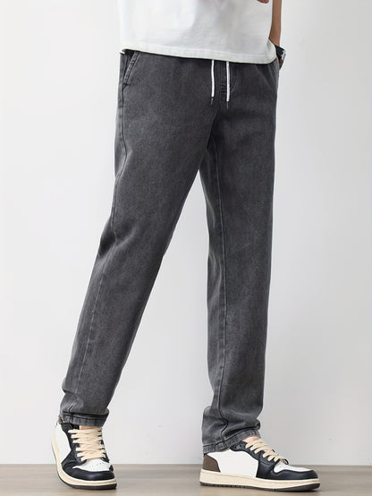 Men's Solid Washed Denim Trousers With Pockets, Causal Drawstring Cotton Blend Barrel Jeans For Outdoor Activities