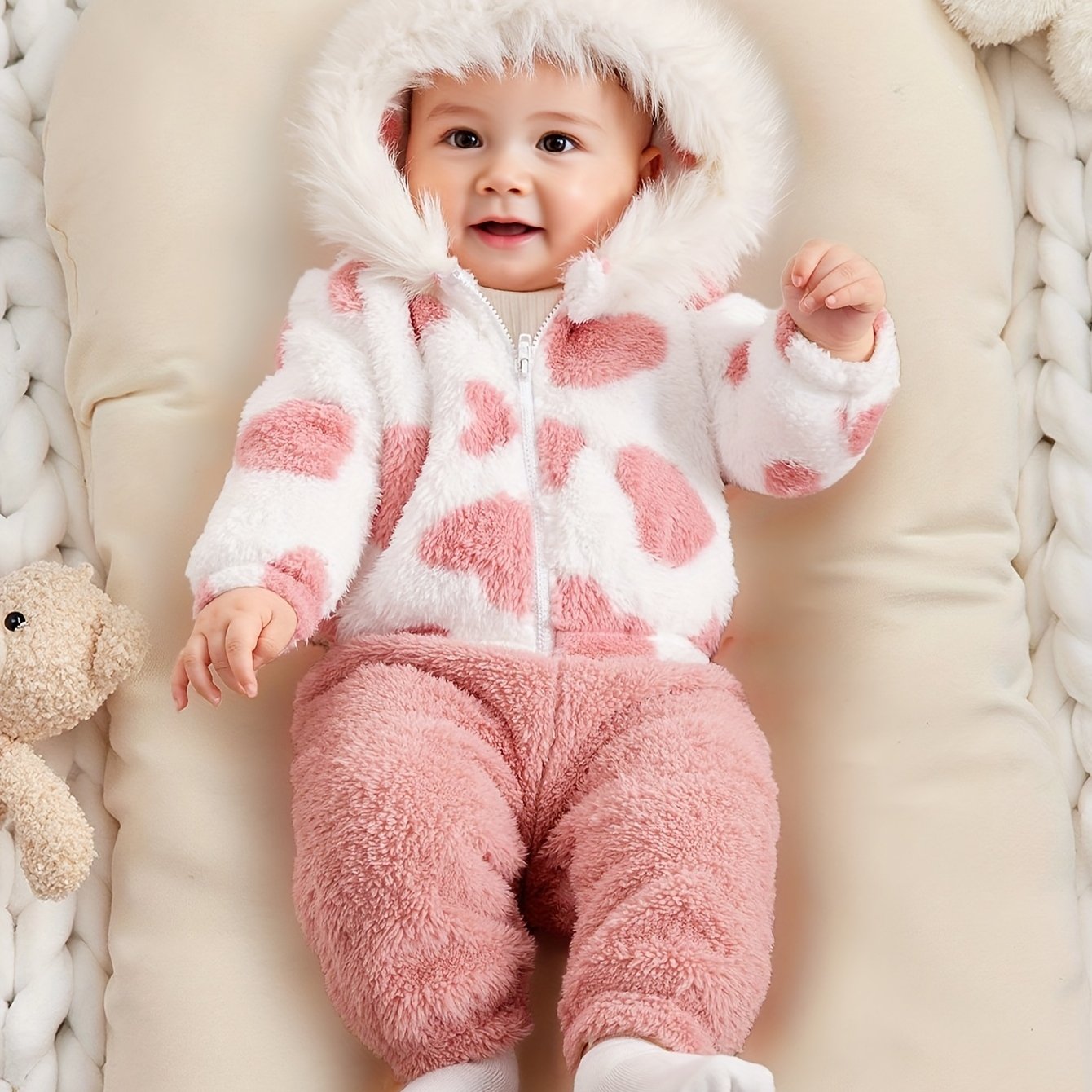 A Set of Warm Clothes for Baby Girls, Warm Hooded Fleece Jacket, Cardigan Top + Elastic Waist Warm Pants, Autumn And Winter Style, Cute Cold-Proof Jacket for Girls, Fur Zipper Outerwear, Outdoor Clothing Set, Newborn Children