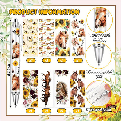 8pcs Ballpoint Pens for Women 1.00mm Cute Black Ink Fancy Pens Fine Point Smooth Writing Office Supplies(Horse)